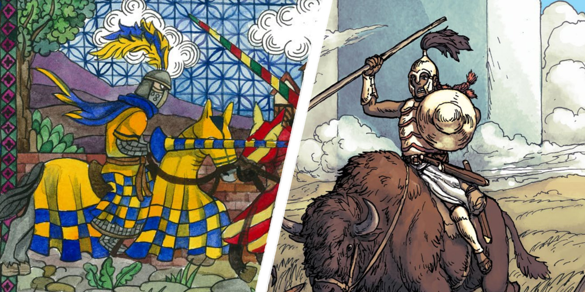 Mounted warriors from RuneQuest and Pendragon ride toward one another.