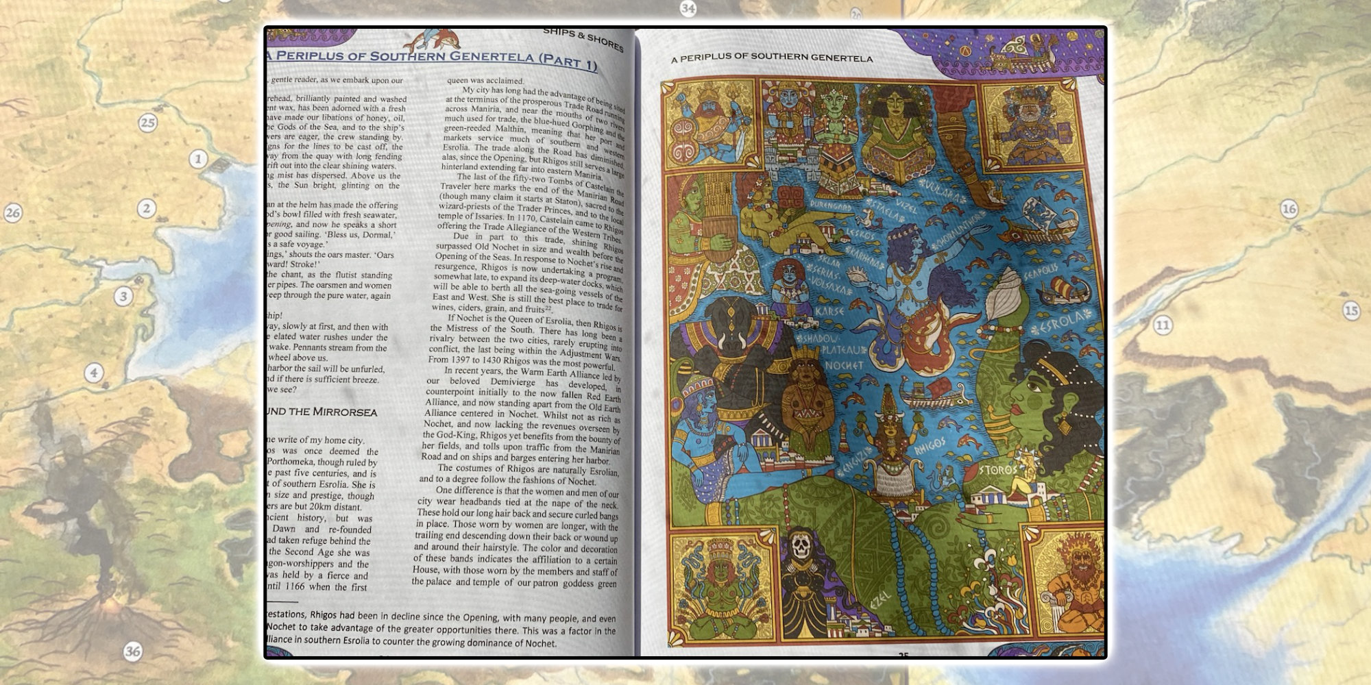 A view of Choralinthor Bay from mythic and geographical perspectives by Katrin Dirim and Mark Smylie in Ships & Shores of Southern Genertela.